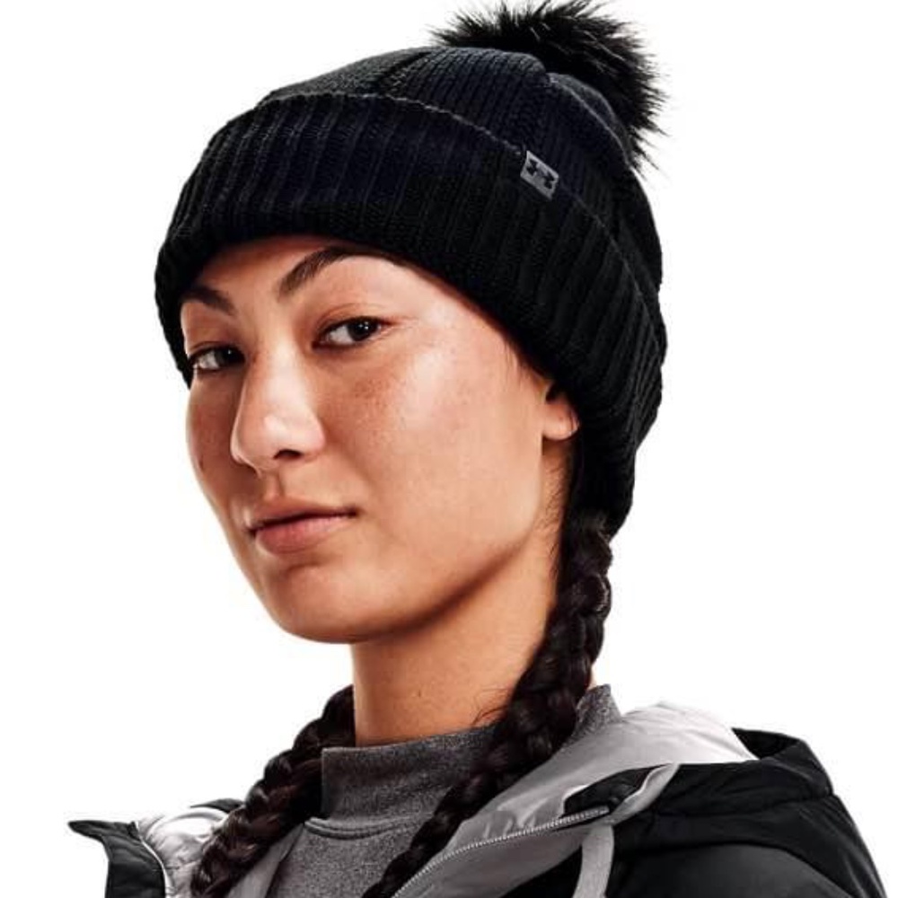 BRAND NEW women under armour coldgear infrared black beanie winter snow pom pom